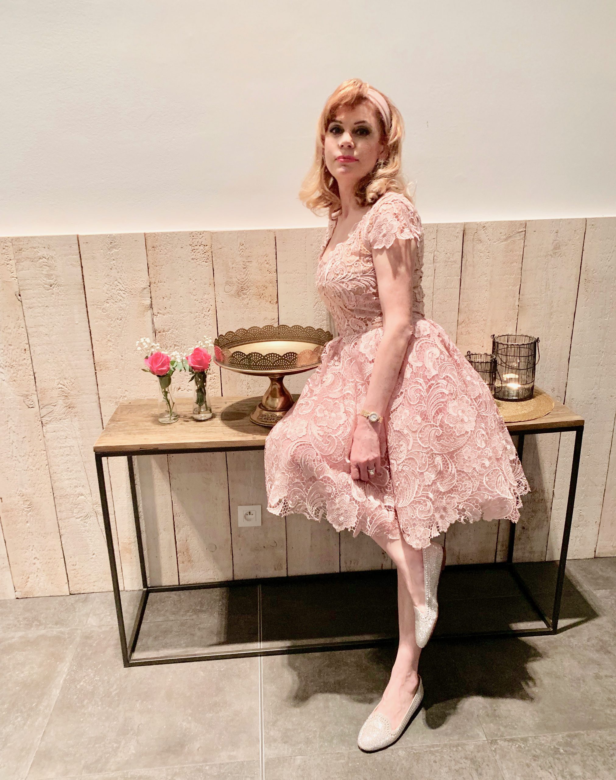 Blush lace cocktail dress top