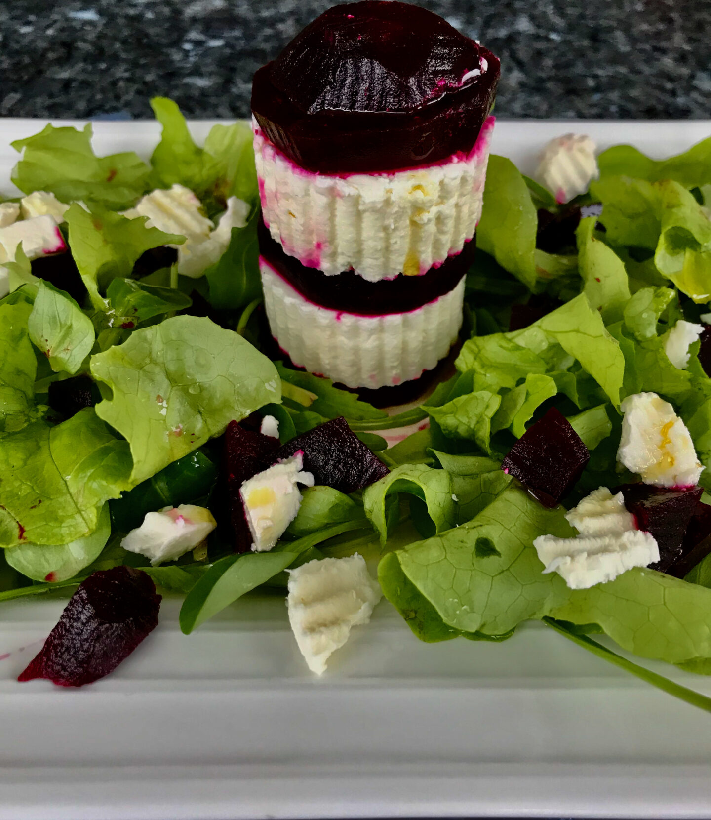 HOW TO MAKE A FANTASTIC RED BEET AND FETA CHEESE SALAD WEARING A BLUE MIDI DRESS